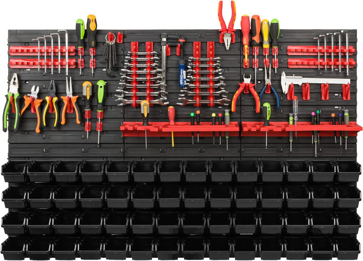 Lagersystem Werkstattregal | 117 x 78 cm | 56 stck. Box | Wandregal mit Werkzeughalterungen und Stap