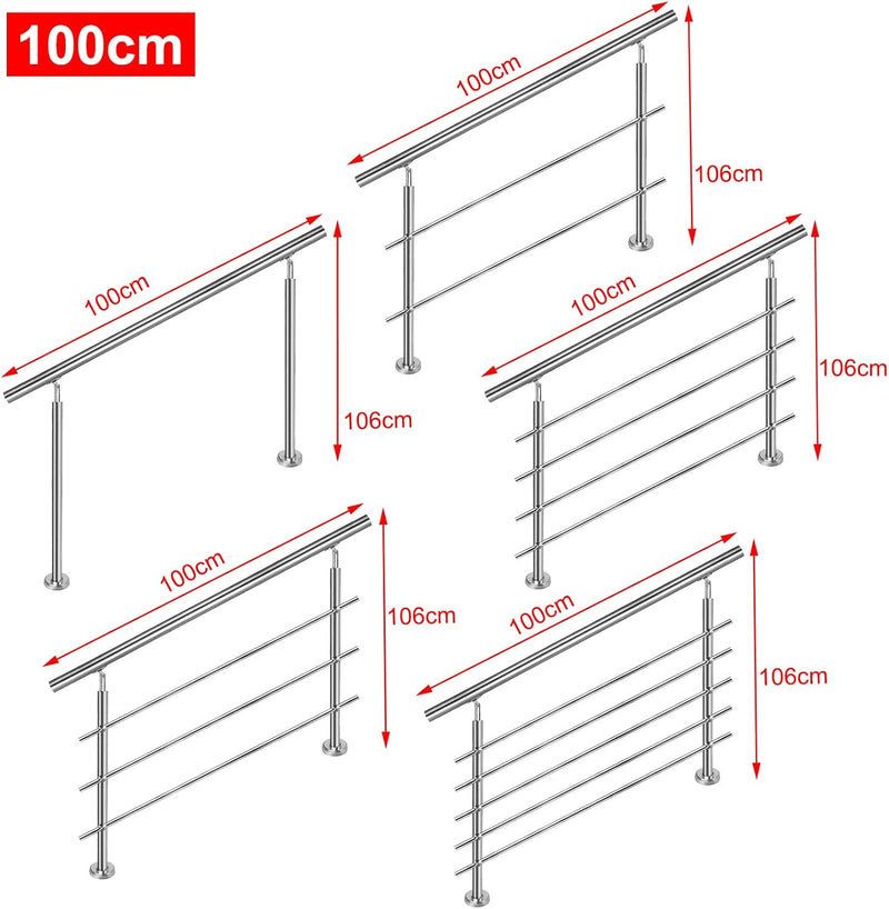 Aufun Edelstahl Handlauf 100cm Treppengeländer Innen und Aussen mit 2 Pfosten für Treppen, Brüstung,