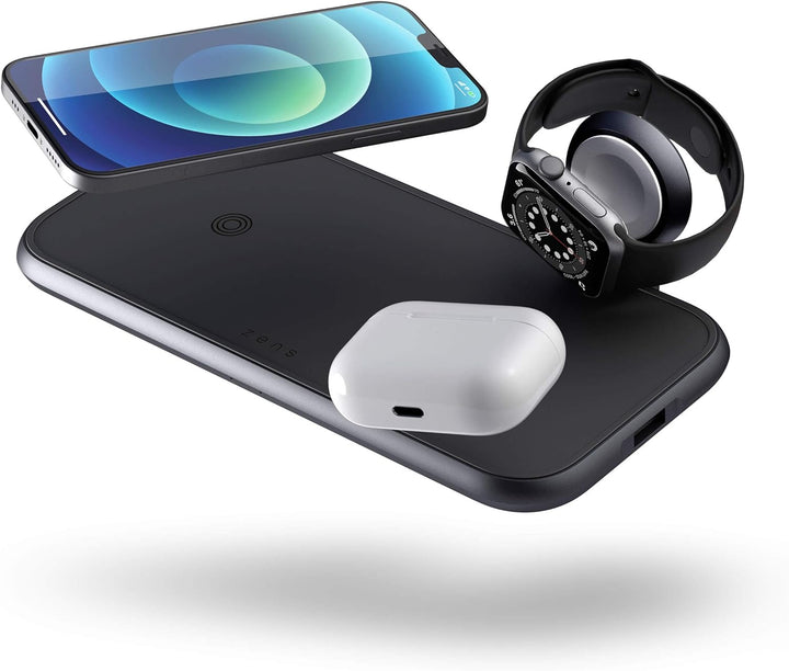 ZENS Dual+Watch 2x10W Aluminium 4in1 kabelloses Ladegerät (Apple & Samsung Fast Charging, Qi/MFi-Zer