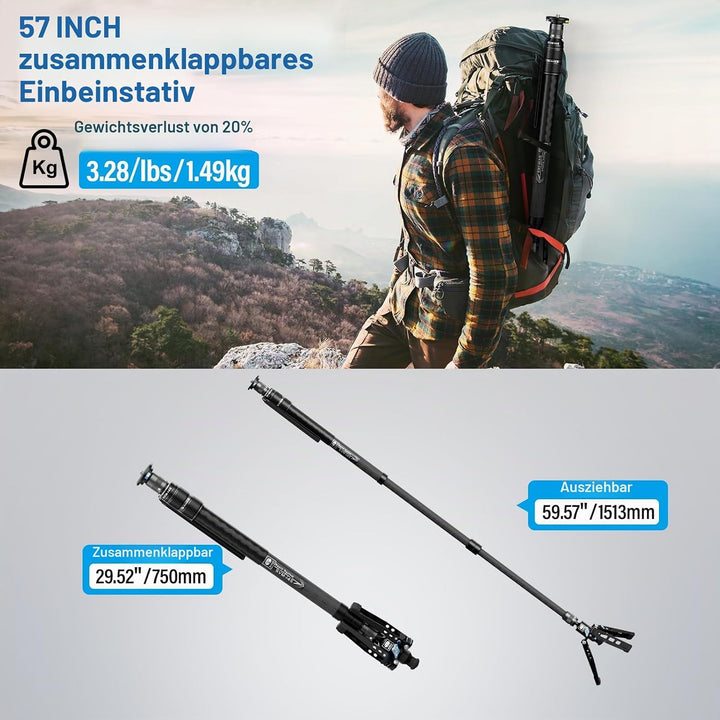 SIRUI SVM-145 Einbeinstativ Kohlefaser Kamera, 145cm Carbon monopod Rapid System Einstufige Höhenver