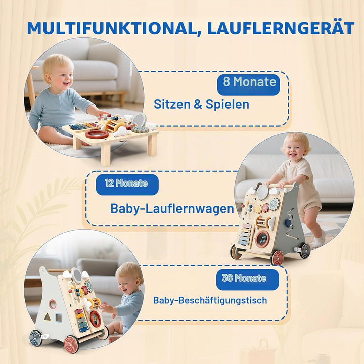 2 in 1 Multifunktional Lauflernwagen Holz Baby Lauflernhilfe ab 1 Jahr, Baby Walker Schiebewagen mit