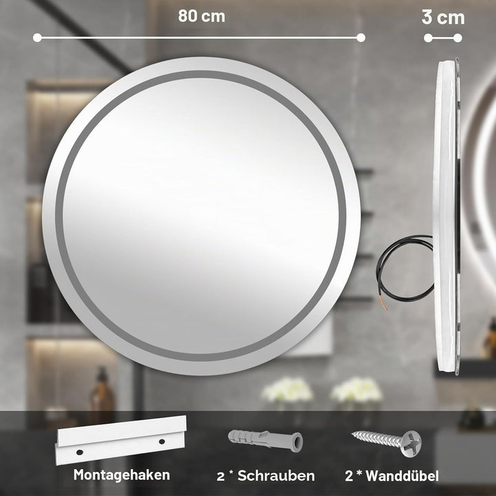Badezimmerspiegel mit Beleuchtung, 80cm Runder Spiegel mit Beleuchtung, Wandspiegel mit Frontbeleuch