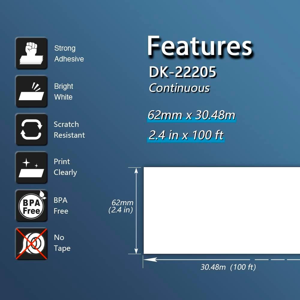 BETCKEY - 10 Rollen DK-22205 Endlosetiketten (Papier) Kompatibel mit Brother, 62mm x 30.48m, 10 Etik