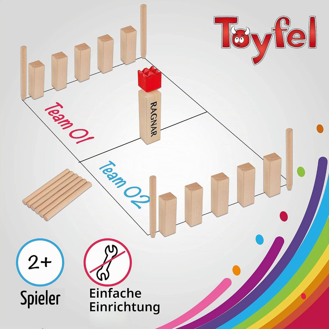 Toyfel Schwedenschach XXL – Kubb Spiel aus Massivholz Geschicklichkeitsspiel - Outdoor Spiel mit pra