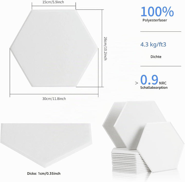 Rdutuok 12 Stück Akustik Panel,30x26x1cm Hexagon Akustik Absorber Schallschutzplatten Akustikpaneele