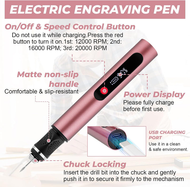 Flintronic Gravierstift, Kabelloser Elektrischer Gravierstift mit 30 Bits, Mini Gravierwerkzeug 3-Ga