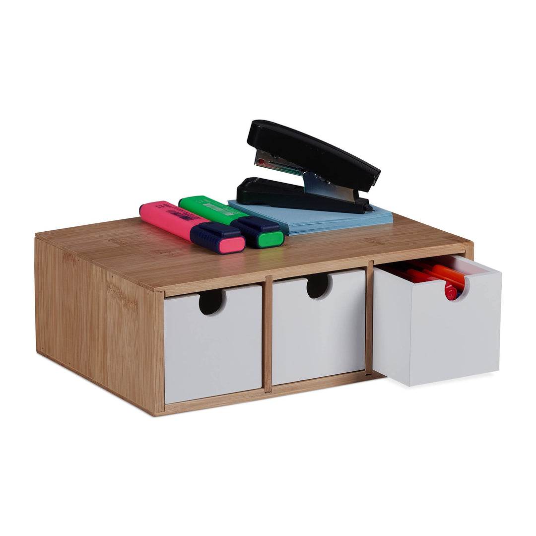 Relaxdays Schubladenbox, Bambus & MDF, Mini Kommode 3 Schubladen, HBT 9 x 26 x 18 cm, Schreibtisch O