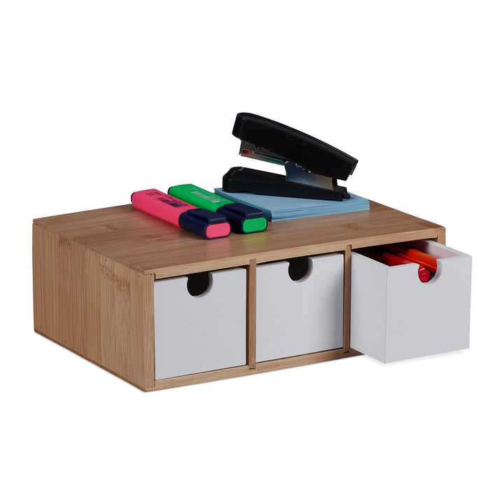 Relaxdays Schubladenbox, Bambus & MDF, Mini Kommode 3 Schubladen, HBT 9 x 26 x 18 cm, Schreibtisch O