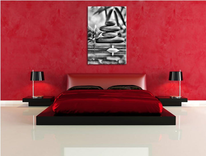 Pixxprint Monocrome, Seerose mit Zen Steinen und Kerzen, Format: 100x70 auf Leinwand, 100x70