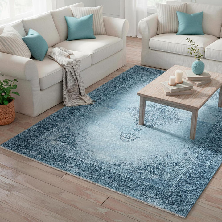 Kelim Vintage Teppich Laufer Jeans Blau 80 X 145 cm, Waschbar Boho Teppich Super Soft, Moderner Kurz