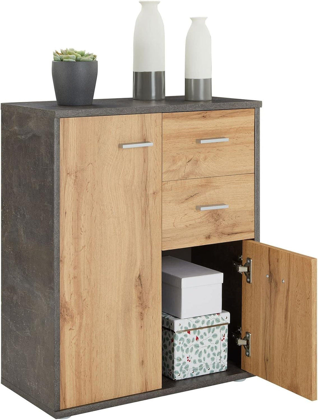 CARO-Möbel Kommode Locarno mit 2 Schubladen und Türen, modernes Highboard Bürokommode in Beton dunke