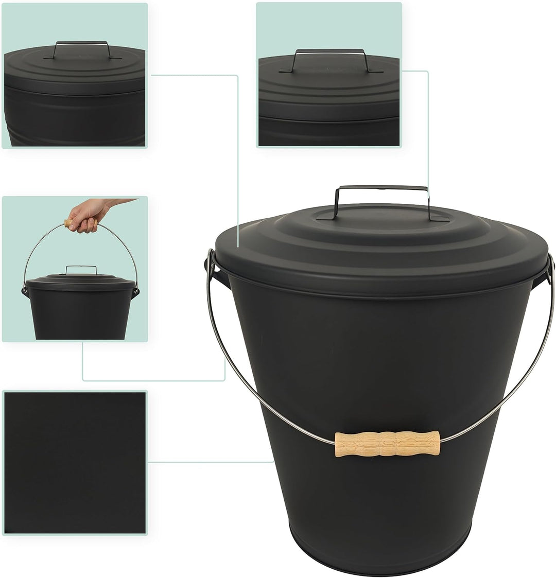 Relaxdays Ascheeimer mit Deckel, 24 Liter, inkl. Aschebesen &amp; Kaminschaufel, Aschebehälter mit Henke