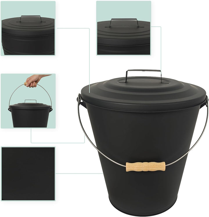 Relaxdays Ascheeimer mit Deckel, 24 Liter, inkl. Aschebesen &amp; Kaminschaufel, Aschebehälter mit Henke