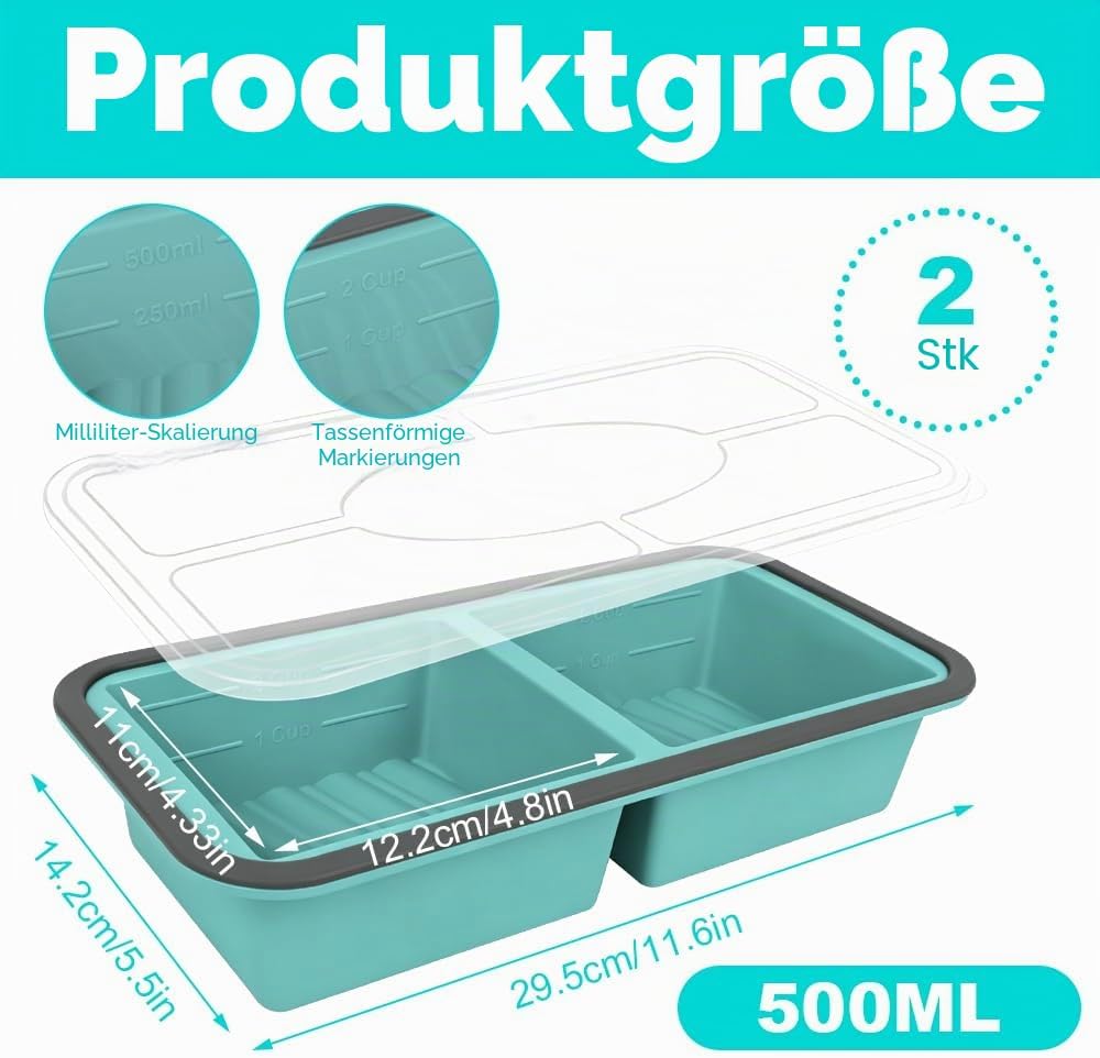 2 Stück Silikon Gefriertablett mit Deckel, 500ml Suppen Einfrieren Behälter mit 2 Fächern, Suppe Gef