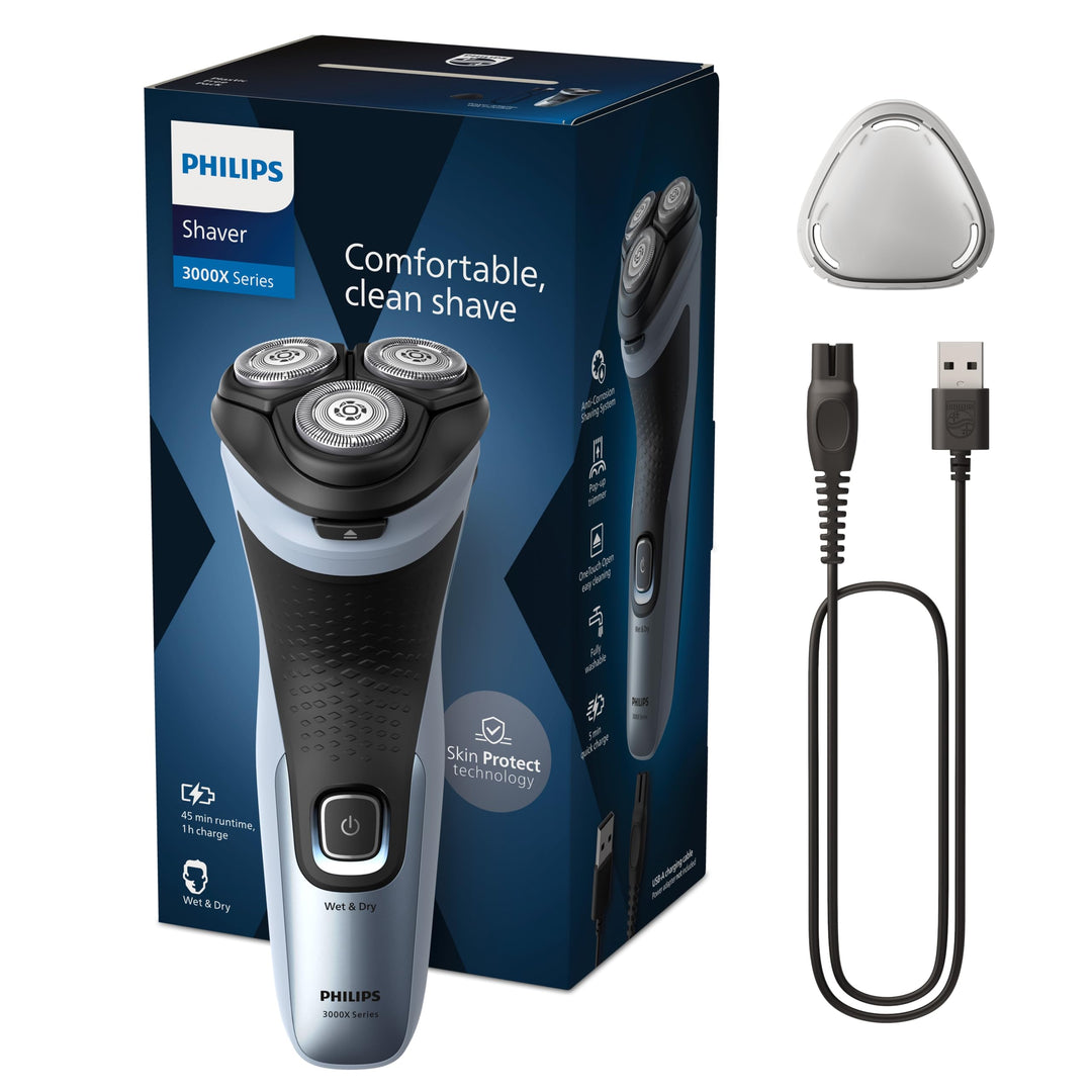 Philips Shaver Series 3000X – Elektrischer Nass- und Trockenrasierer für Männer in Himmelblau, mit S