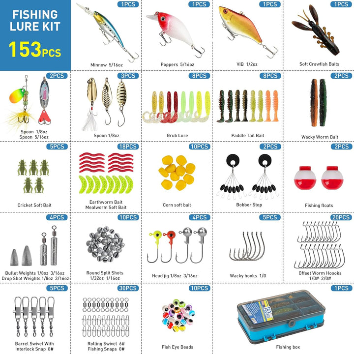 THKFISH 153 Stück Angelzubehör Köder Set, Angelset Angelsachen Angelkoffer Köderbox mit Angel Zubehö