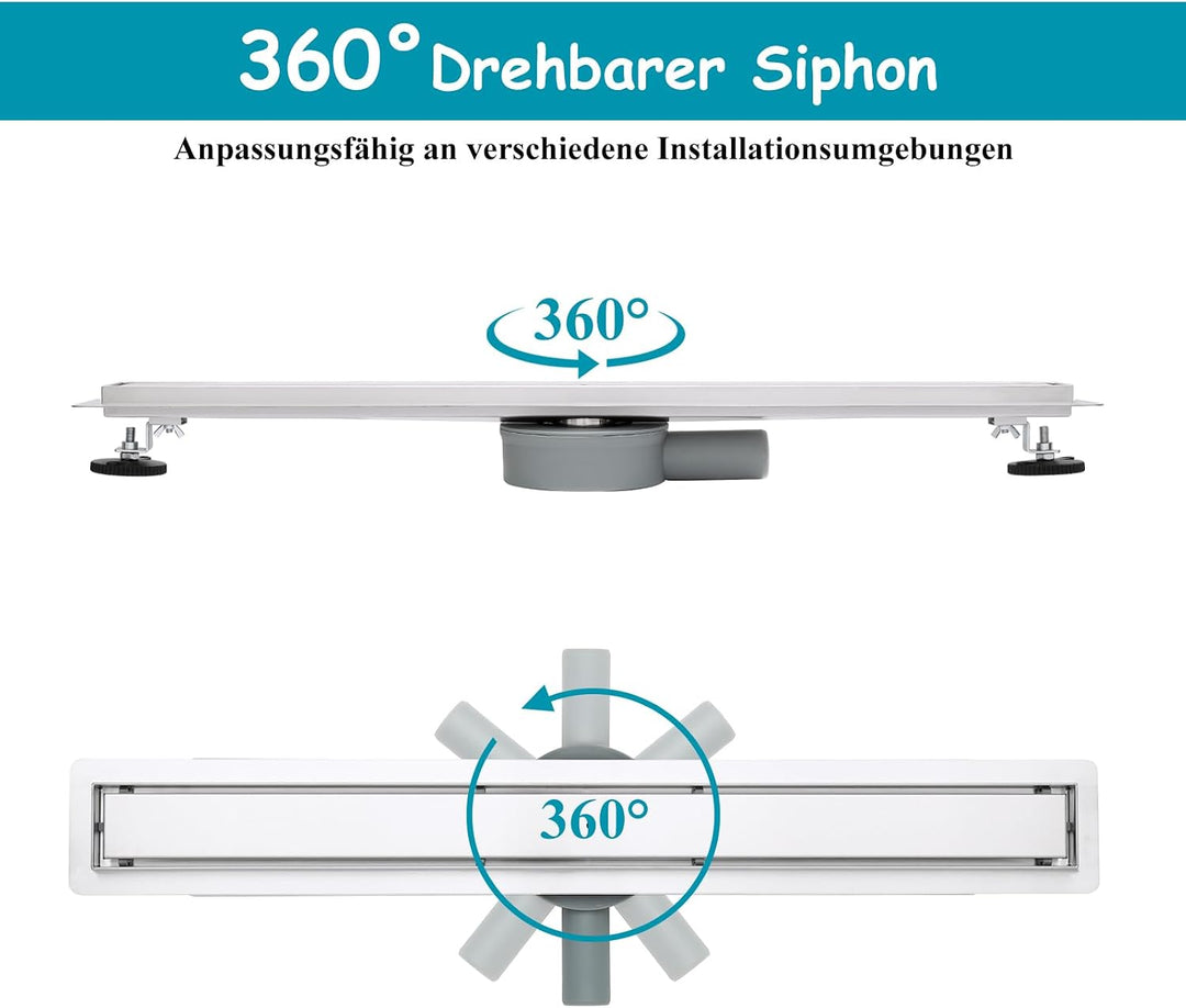 Duschrinne 80cm 304 Edelstahl Bodenablauf - 360° Siphon Befliesbar Duschablauf Extra Flach mit Geruc