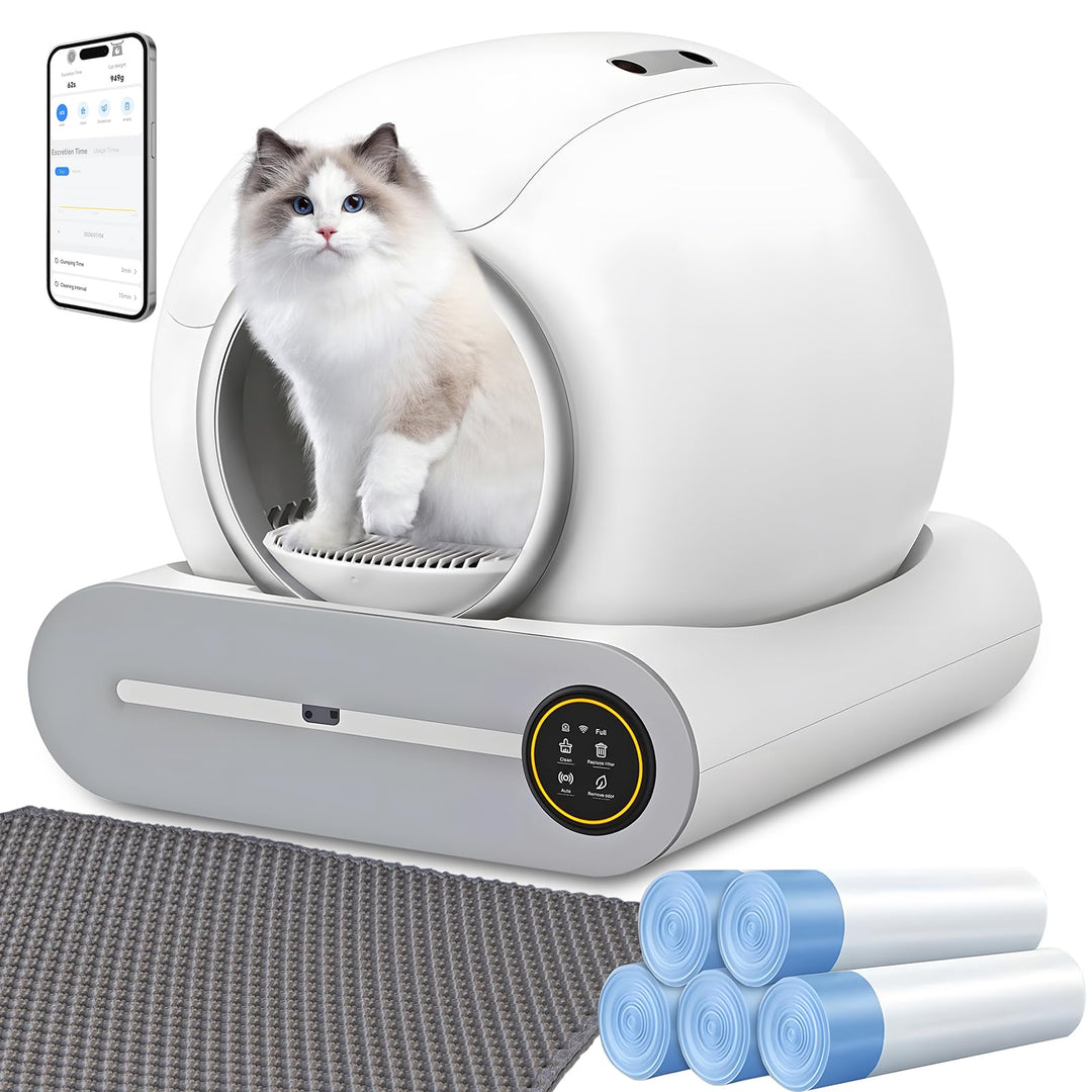 Selbstreinigende Katzentoilette, 65L+9L Selbstreinigende Toilette mit 5 Rollen Müllsäcken und 1 Fuss