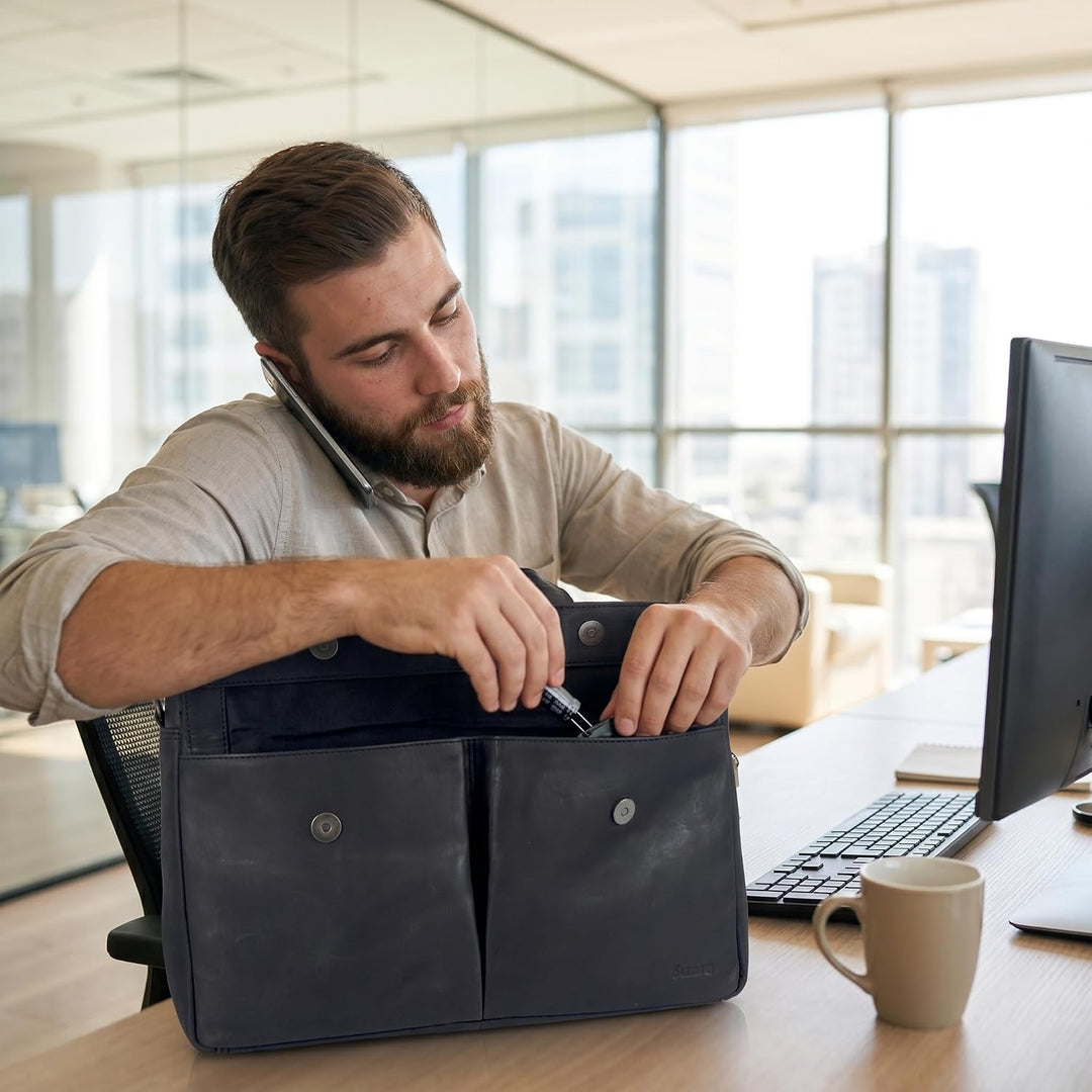Sunsa Herren Leder Laptop Tasche, 14 Zoll Business Aktentasche. Schwarze grosse Handtasche Notebookt