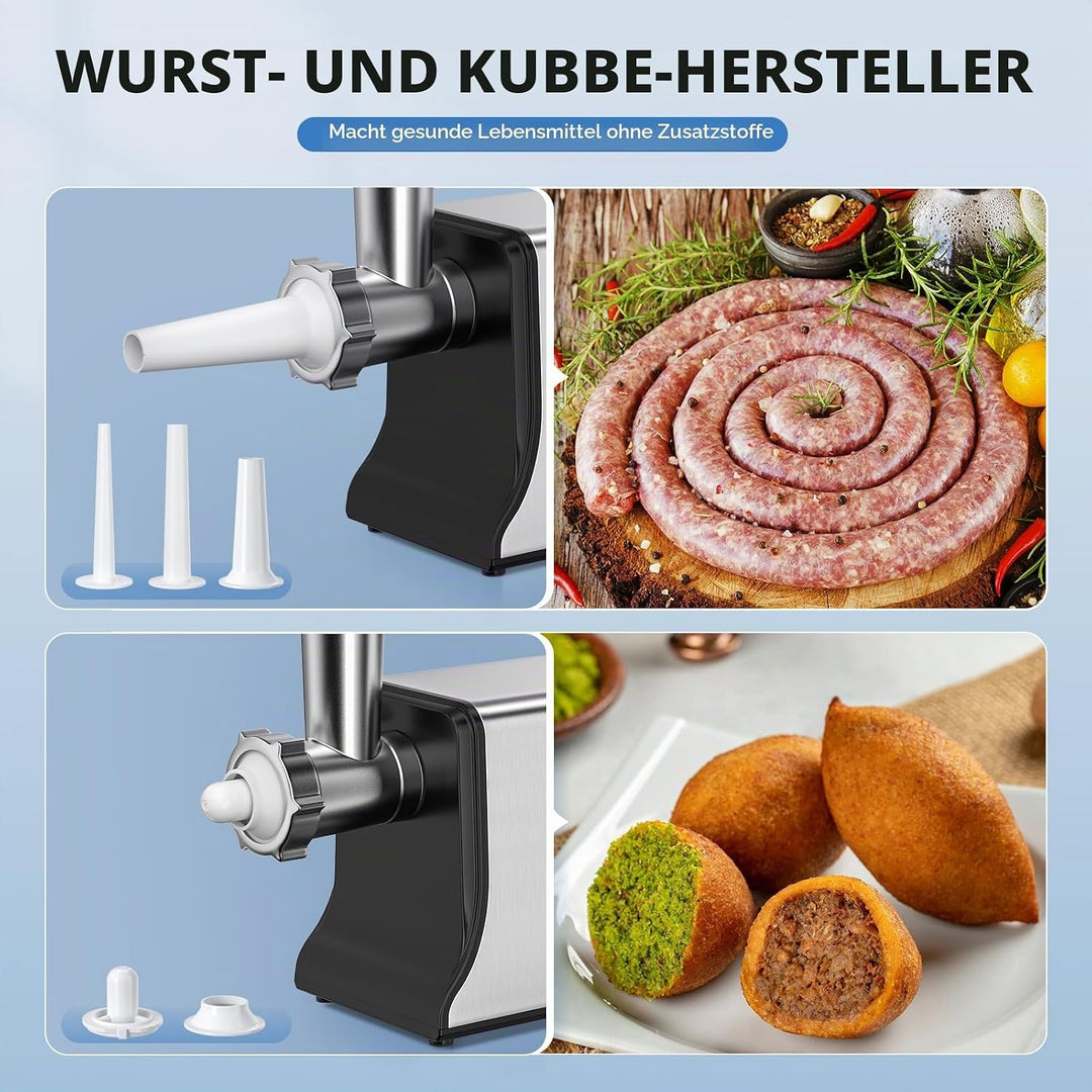 Elektrischer Fleischmäler, Multifunktional-Fleischmäler mit 3 Schneidplatten, 3 Klingen, Kubbe-Kit u