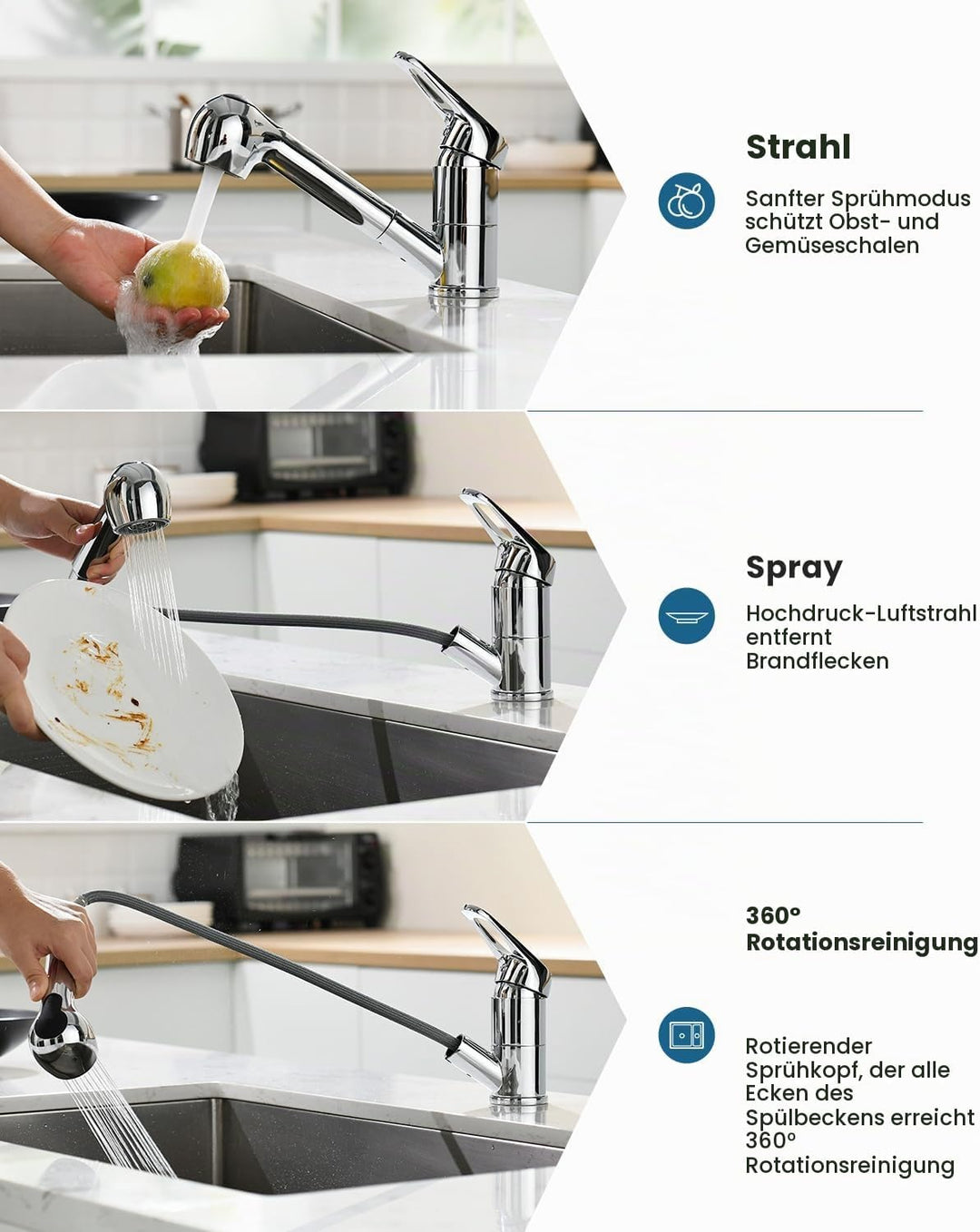 APPASO Wasserhahn Küche, Hochdruck Küchenarmatur Ausziehbar, Mischbatterie für Küche 360° Drehbar, S