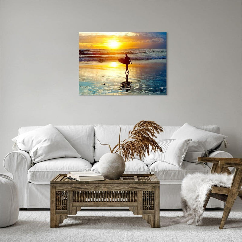 Bilder auf Leinwand Surfer sonnenuntergang ozean brett Leinwandbild 70x50cm Wandbilder Dekoration Wo