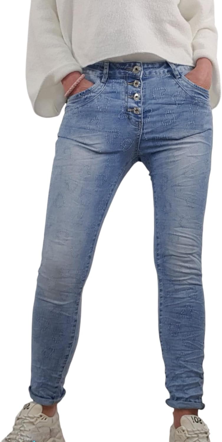 Jewelly Damen Boyfriend Stretch Jeans| Denim Hose für Frauen| 5-Pocket Bagggy Pants S Denim Heart, S