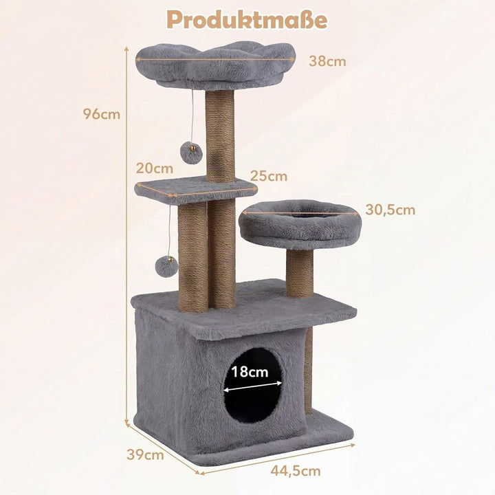 COSTWAY Kratzbaum, 96 cm, Katzenbaum mit Katzenhöhle, Plattform, Bett, grosser Basis &amp; 2 Bällen, Dic