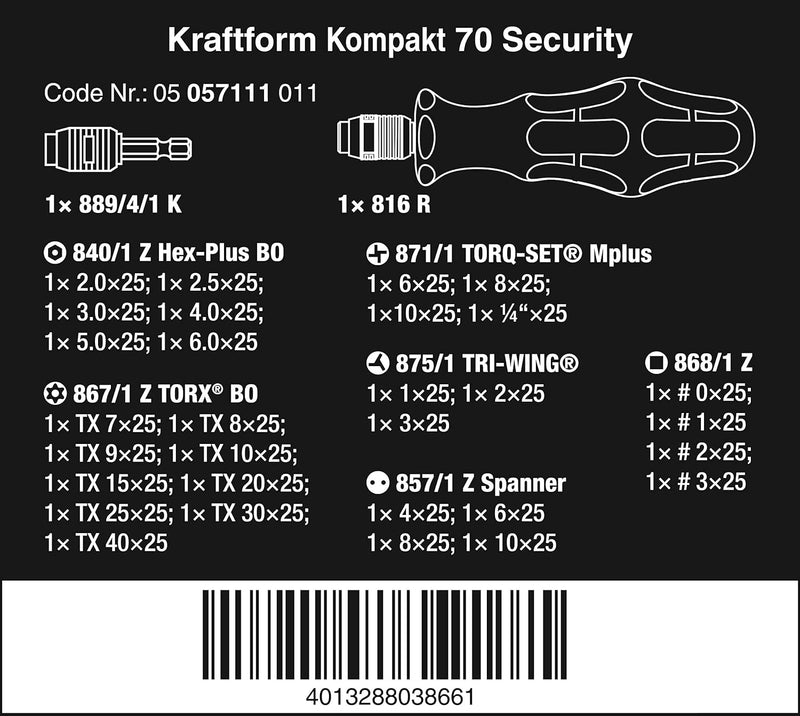 Wera 05057111001 Bitsortiment 32tlg. Kompakt71 HEX /Span./T-BO/TRI/SQ WERA 2Komp.-Griff