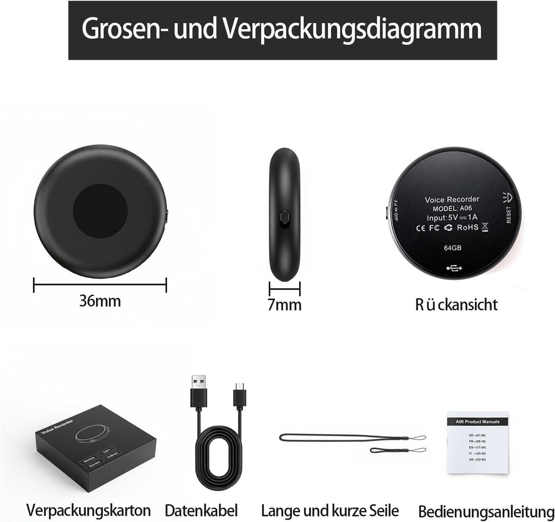 Diktiergerät Mini,64 GB Speicher Diktiergerät | Aufnahmegerät, Wiederaufladbar Über USB, Sprachaktiv