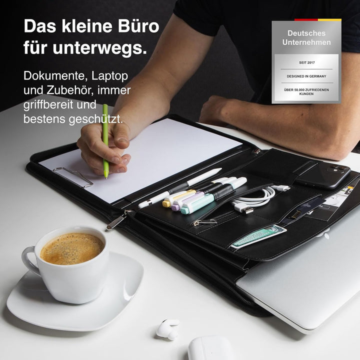 Vebon® Schreibmappe A4 gross Rom I Doppel Reissverschluss + Klemmbrett I Konferenzmappe + Laptoptasc