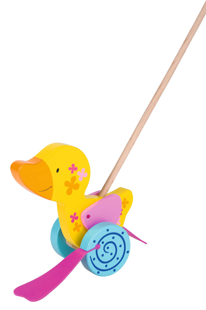 goki 54913 Schiebetier Ente, Susibelle, 31 x 10 x 66,5 cm, Holz, Lauflernspielzeug mit watschelnden