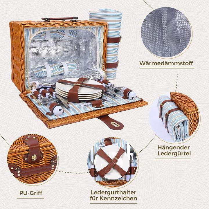 Picknickkorb Set für 4 Person mit Kühlfach und wasserdichte Picknickdecke, Abnehmbarer Riemen, Beste