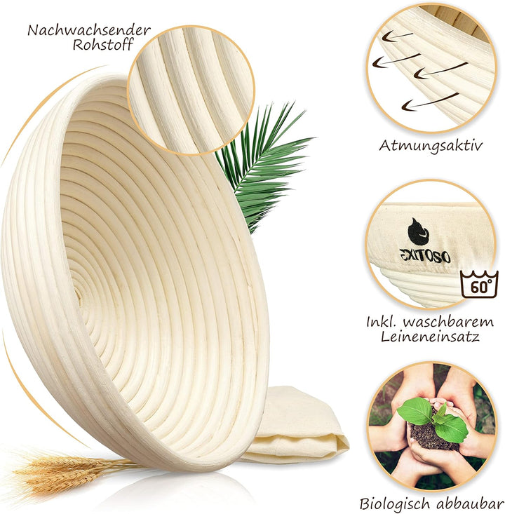 Exitoso Gärkörbchen rund 1kg aus Peddigrohr Ø25cm - Beige inkl. (E-Book Rezept, Leinentuch) - Brot b