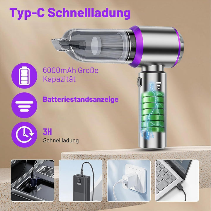 Handstaubsauger Akku Kabellos,22000Pa 3-Gang Mini Autostaubsauger mit Bürstenloser Motor,4-in-1 Elek