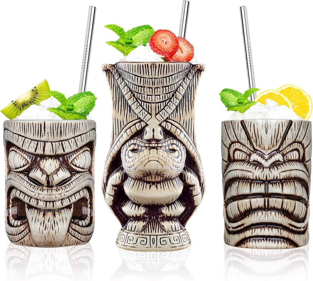 Tiki Becher Set Tiki Cocktail Gläser, Set Mit 3 Keramik-Tassen für Exotische Party,Tiki Bar, Keramik