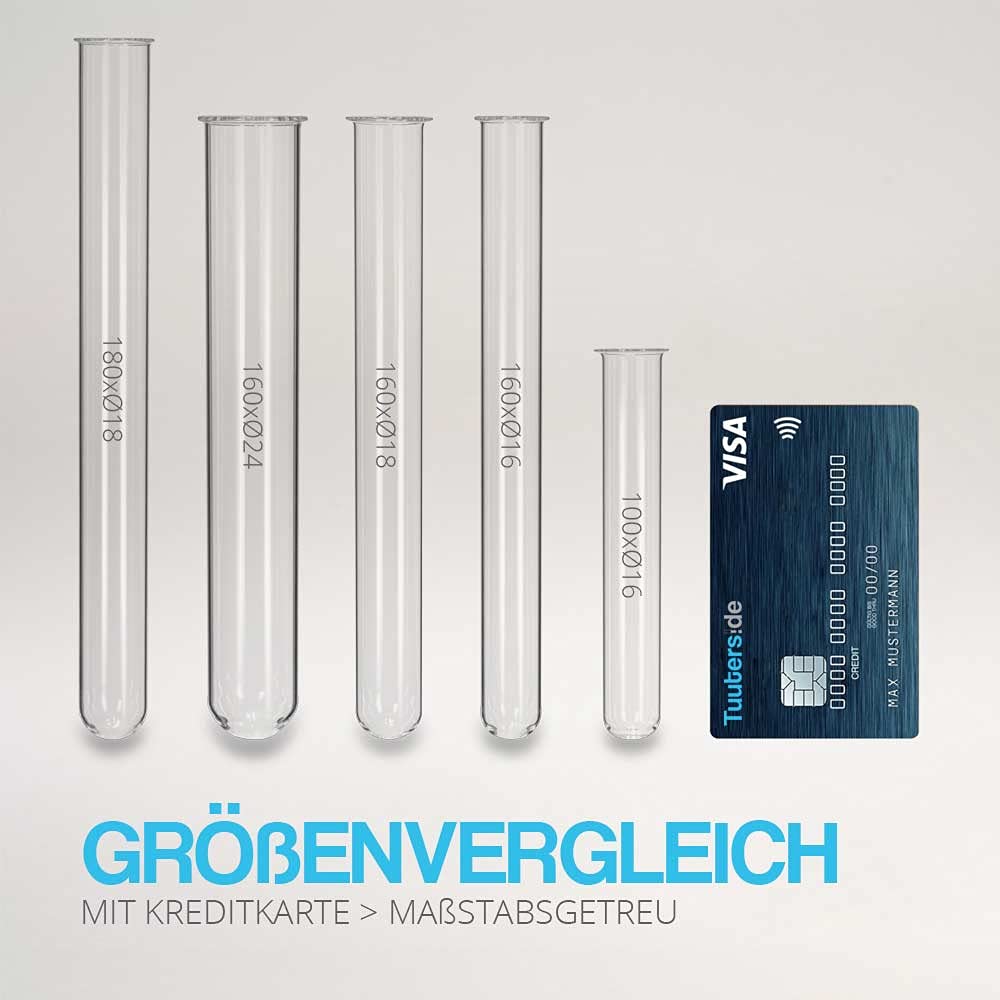 Tuuters 100x Glas Reagenzgläser mit Korken (dunkelbraun), mit Rand, Bördelrand (100 x Ø16mm), 100 x