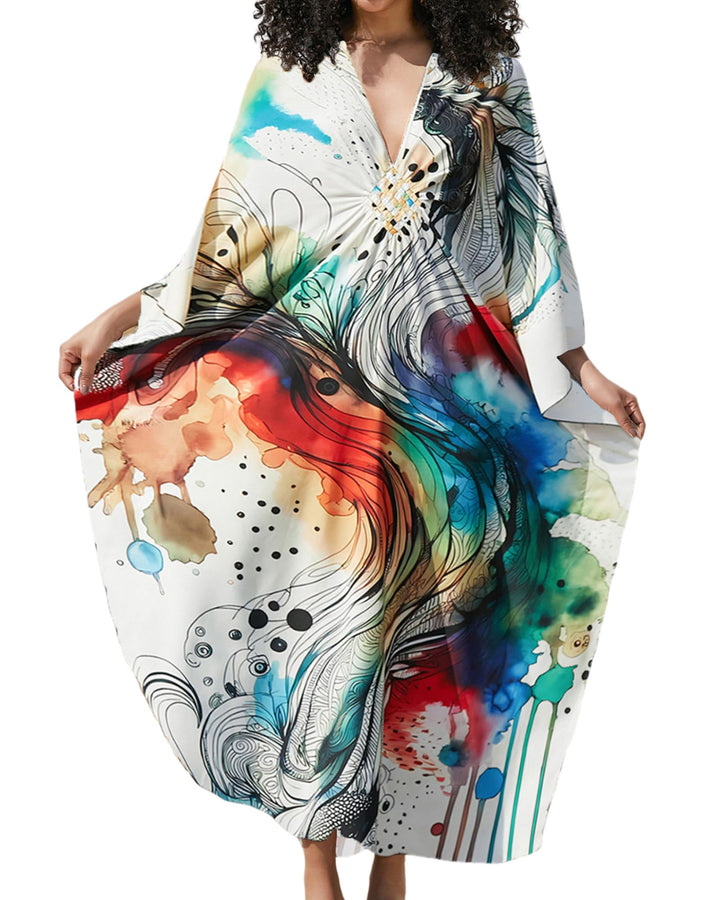 Bsubseach Damen Ethnic Print Kaftan Beach Dress Plus Size Strandkleid Abstrakter Druck, Abstrakter D