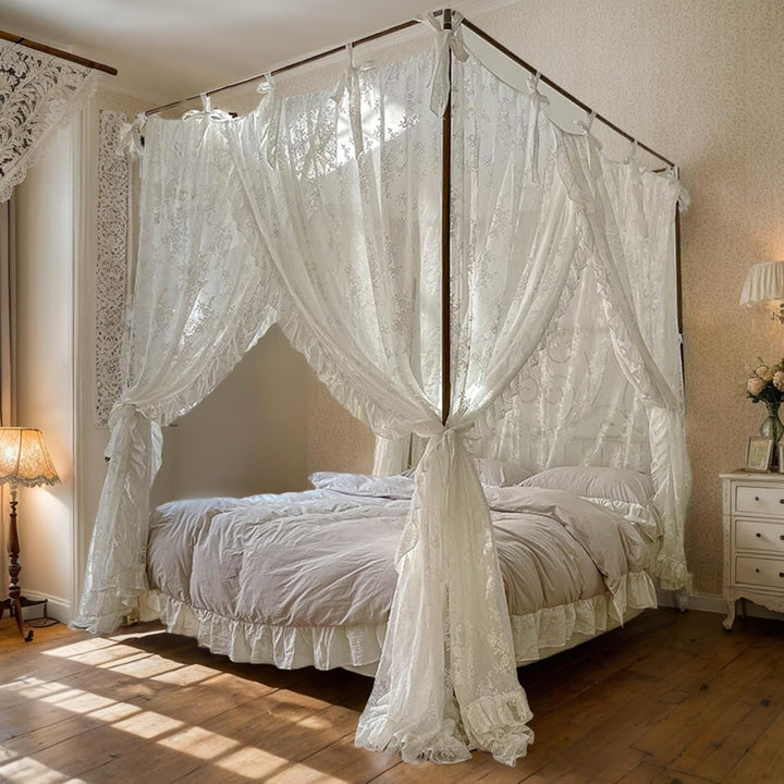 Himmelbett-Vorhänge, drei Öffnungen, Spitze, Prinzessinnen-Betthimmel, 4 Eckpfosten-Hängevorhänge mi