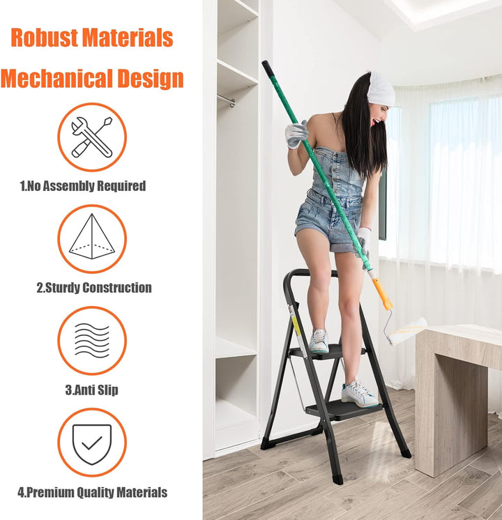 HBTower 2-Stufen-Leiter, Tritthocker mit Anti-Rutsch-Pedal, Tragbare Robuste Trittleiter mit Handläu