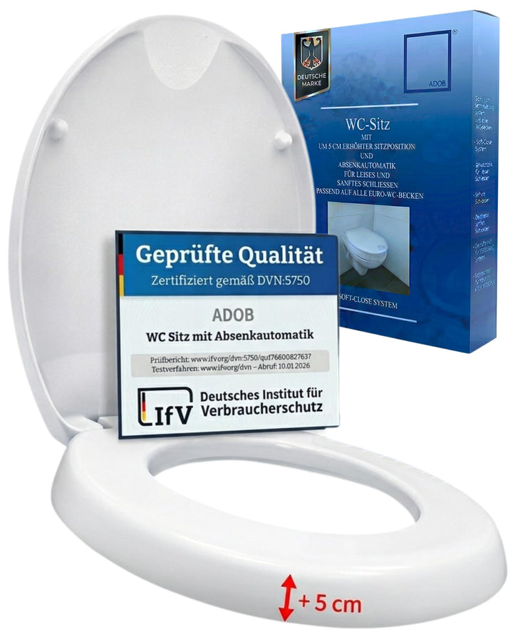 Novara Plus Duroplast WC Sitz Erhöhung 5 cm mit Absenkautomatik, bis 250 kg belastbar, bequem Sitzen