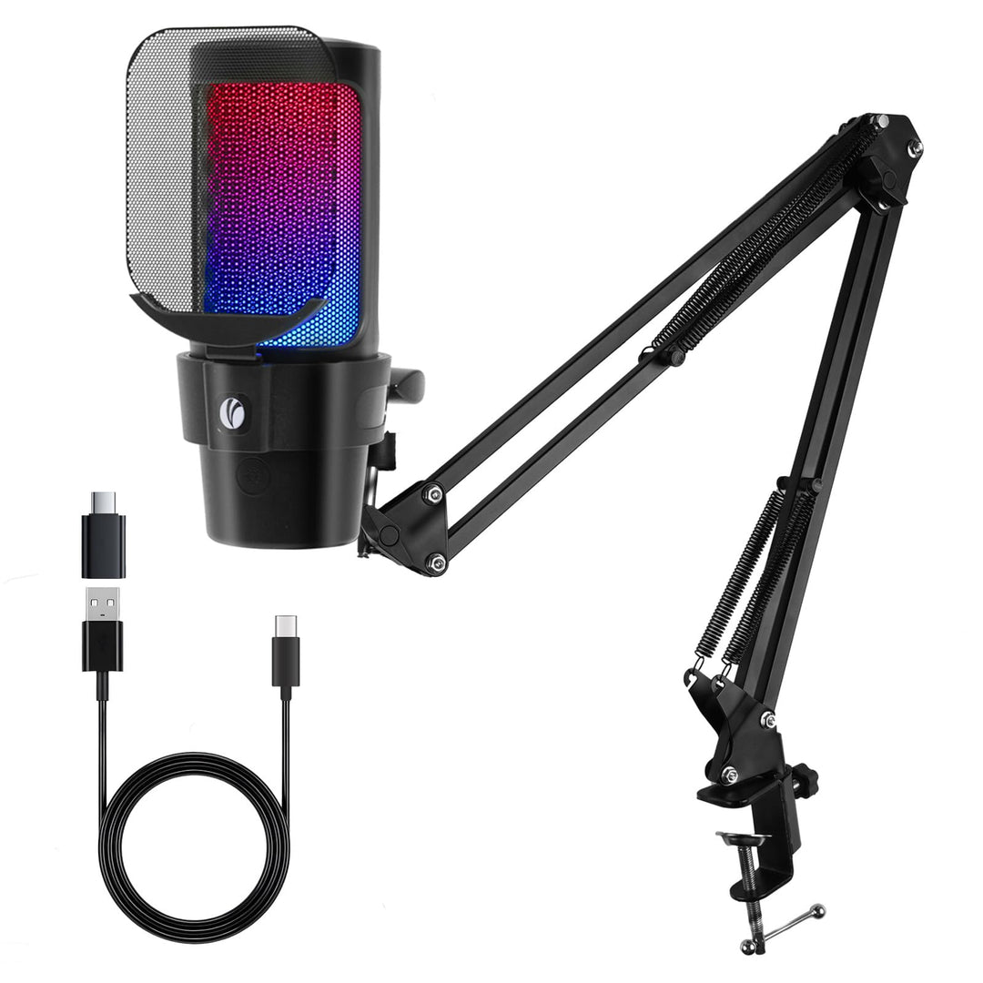 VCOM Gaming Mikrofon mit Arm, USB Microphone Kit mit RGB Modi, Mute, Pop-Filter, PC Mikrofon für Pod