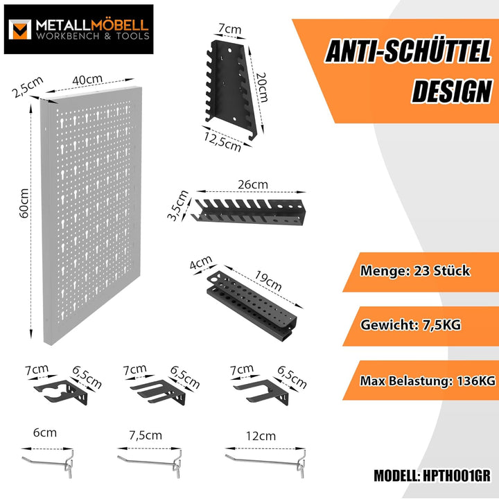 METALLMOBELL - Werkzeugwand Metall Lochwand, 160x60x2 cm, 4 Lochplatten 40x60x2 cm, Haken und Halter