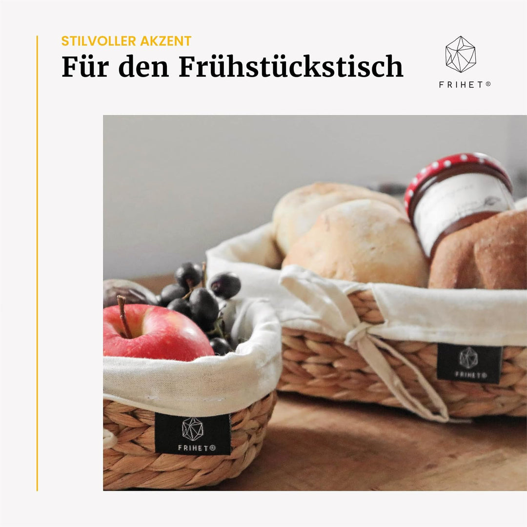 FRIHET eckige Brotkörbchen aus Wasserhyazinthe | Rustikaler Brotkorb | Brötchenkorb mit Stoff | Bröt