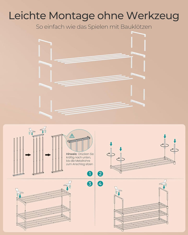 SONGMICS Schuhregal 3 Ebenen, Schuhständer Metall, Schuhaufbewahrung, Schuh-Organizer, aufrecht oder