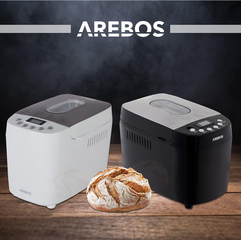 Arebos Brotbackautomat 1500g | mit 15 Programmen | 2 Knethaken | Timer | LCD Display | 3 Bräunungsgr