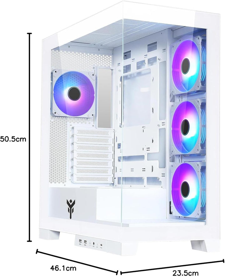 Itek Gehäuse SHOWBUI 45W – Gaming-Tower, ATX, 4 x 12 cm ARGB-Lüfter, 2 x USB3, Typ C, Seite und Vord