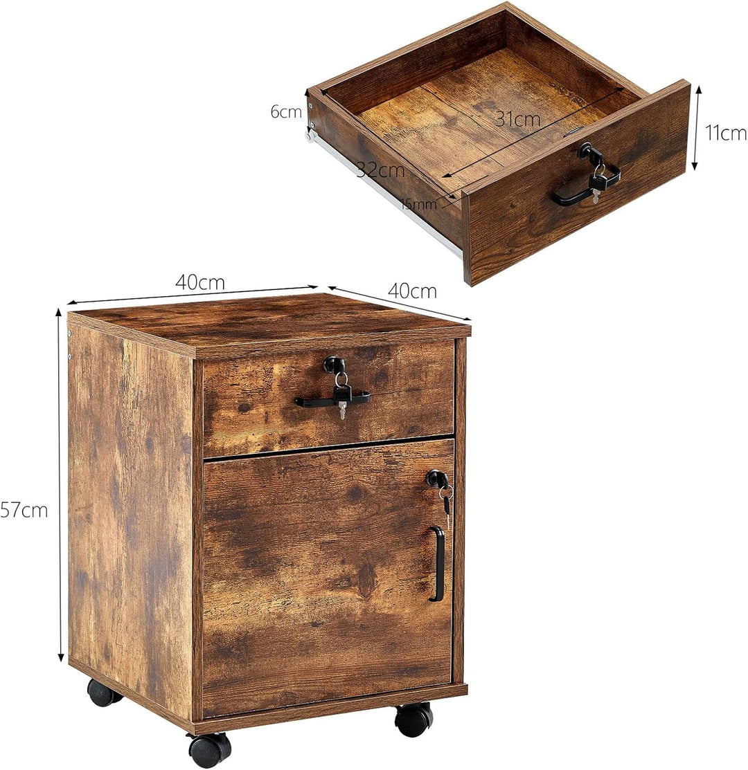 CLIPOP Rollcontainer Abschliessbare Aktenschrank Holz mit Schublade und Geschlossenem Speicher,Mobil