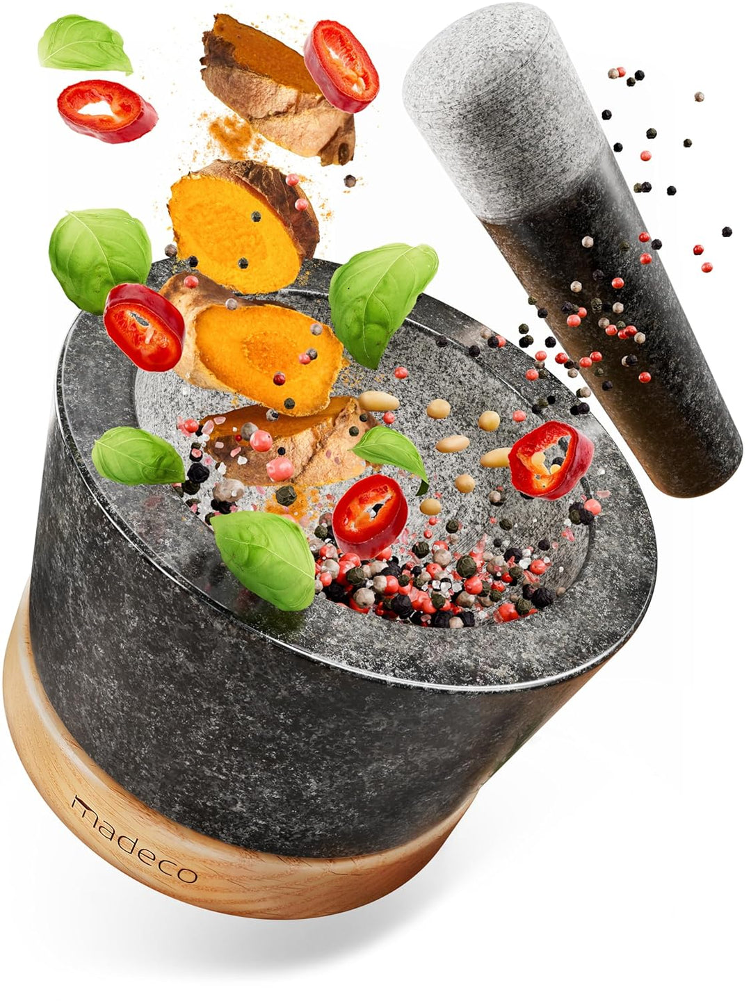 madeco Mörser mit Stössel Granit auf Holzsockel Eiche Ø 14,5 cm - Perfekt geeignet für Gewürze, Kräu