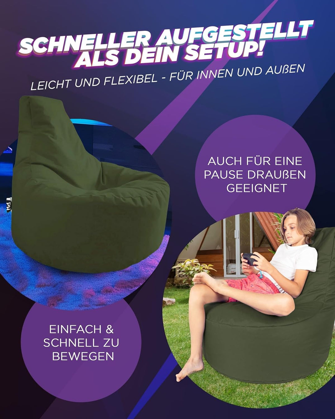 PATCH HOME Gamer Sessel Sitzsack Beanbag in 2 verschiedenen Grössen und 25 XXL - 80cm Durchmesser, 3
